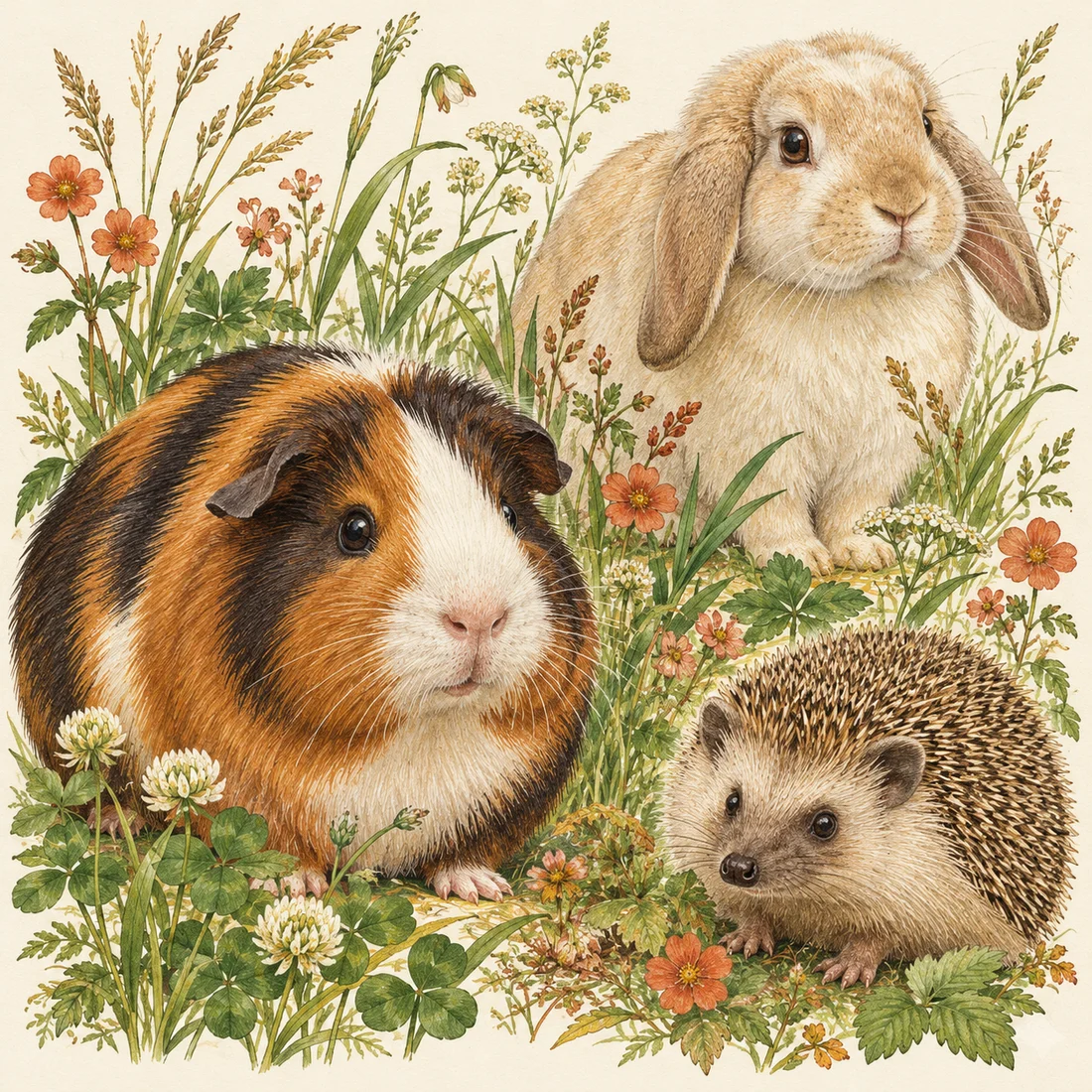 Illustrated small pets surrounded by meadow flowers