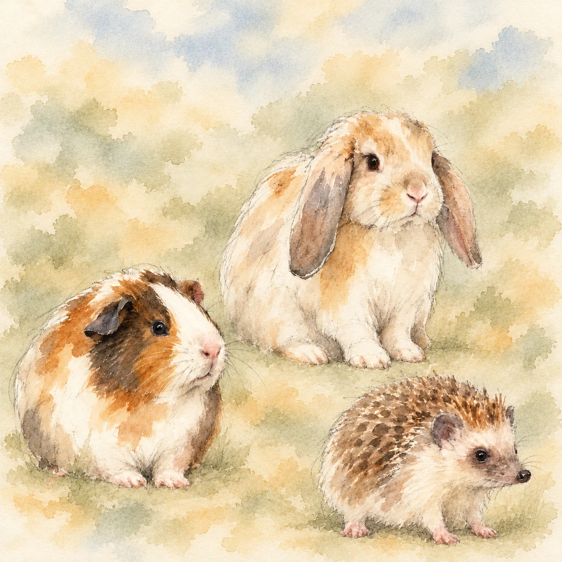 A guinea pig, rabbit, and hedgehog in a loose watercolor study with soft colored washes